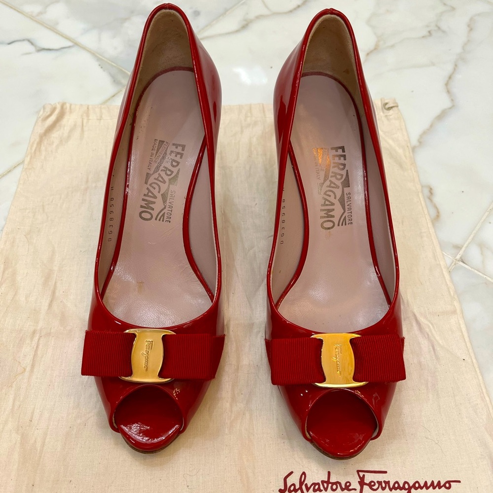 Salvatore Ferragamo Red Patent Leather Bow Heels, Sz7